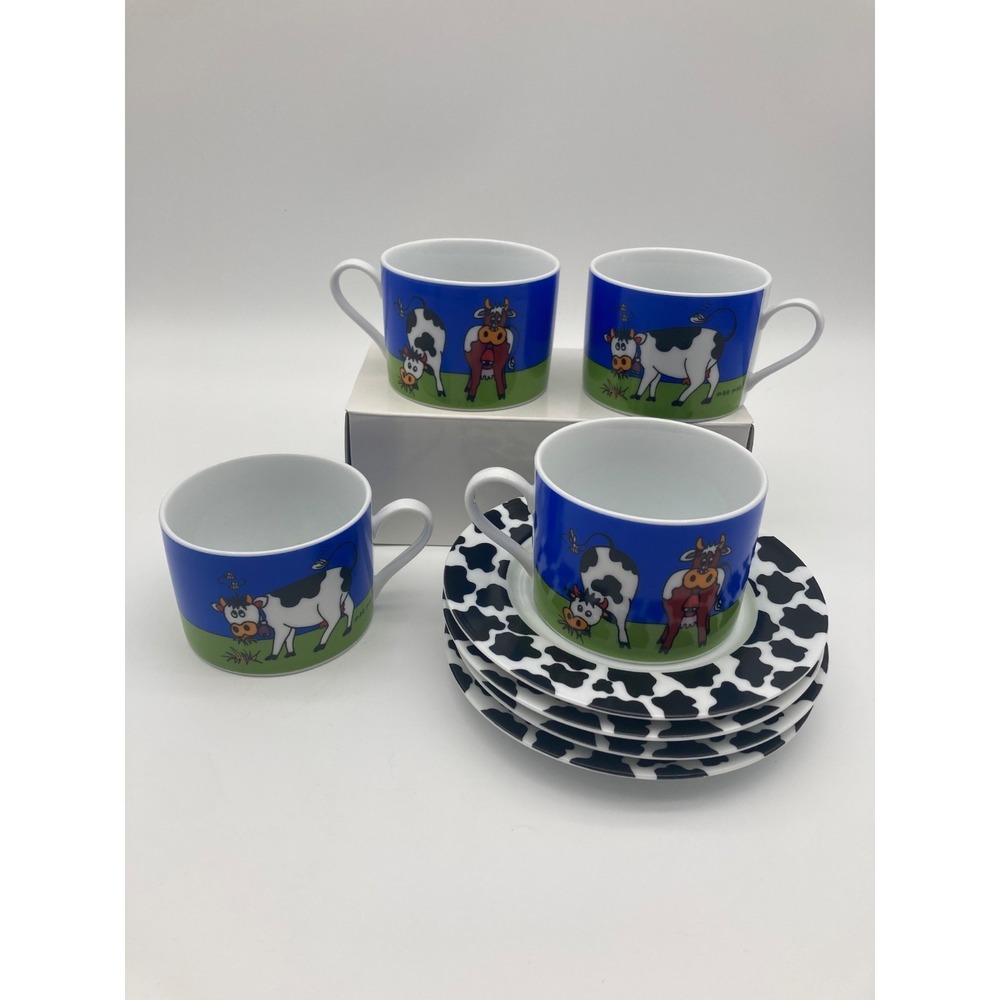 Stokes Gourmet Cow Print Tea Cup Saucer Set 8 Piece Service for 4 Coffee Mug